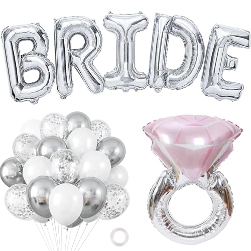 Giant Silver Bride Balloons - 40 Inch, 36 Pack | Silver White Confetii Foil Balloons for Bachelorette Party Decorations | Bride to Be Metallic Ballons for Bridal Shower Decorations