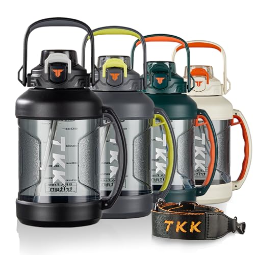 TKK Half Gallon Water Jug Sport Bottle with Straw 2 in 1 Lid Dishwasher Safe BPA Free Leakproof Large Capacity Tritan Plastic Bottle 1/2 Gallon 64oz Water Bottle for Gym Travel Camping Outdoor, Black