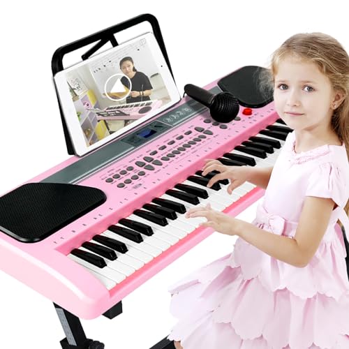iMeshbean Kids 24'' Electric Keyboard with 61 Keys, Electronic Piano with Microphone for Girls & Boys (Pink with Stand)