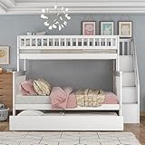 Harper & Bright Designs Twin Over Full Bunk Beds with Twin Size Trundle & Stairway, Solid Wood Bunk Bed Twin Over Full Size with Storage and Guard Rail for Bedroom, Dorm, Kids, Teens,Adults,White