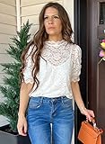 DOROSE Womens Lace Tops Dressy Casual Puff Short Sleeve Floral Summer Blouses Shirts White XL