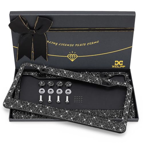 Sparkly Rhinestone License Plate Frame for Women - Stainless Steel with 1200 Black Glass Crystals