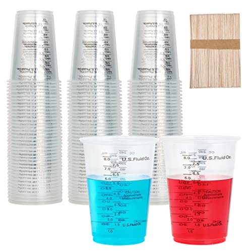 100 PACK Plastic Measuring Cups, 8 oz Disposable Mixing Cups with 100 Wooden Mixing Sticks, Can Be Used for Epoxy Resin, Liquid Measuring, Paint, Cooking and Baking