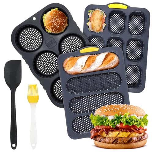 JJUNW Set of 5 Silicone Hamburger Bun Mold, 4/8/9 Cup Silicone Hotdog Bun Pan with Spatula Brush, Mini Baguette Pans Bread Baking Pan for Homemade Hamburger Buns