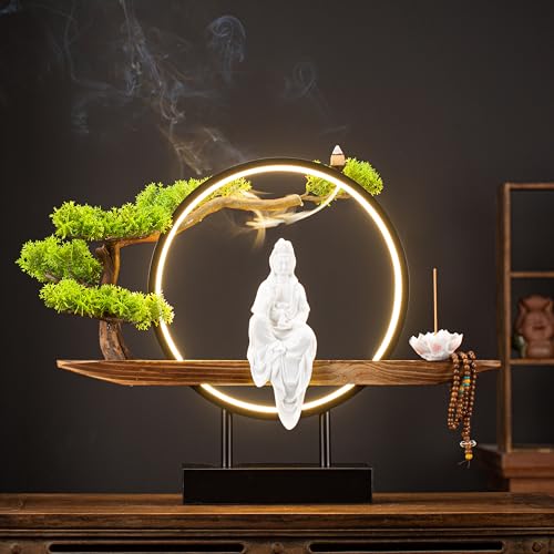 Porcelain Guan Yin (Quan Yin) Buddha Statue Set with USB-Powered LED Light, Lotus Incense Holder, Meditation Accessories(White)