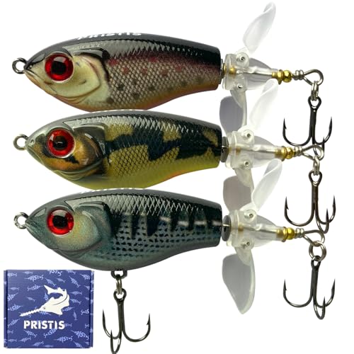 Pristis 3pcs Double-Blade Ploppers, Saltwater & Freshwater Fishing Teaser with Foldable Rotating Tail, Topwater Lure Plopping Sputter Minnow Swimbait, Top Water Propeller Bait for Bass Pike Dark Set