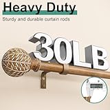 QDWIS Wood Curtain Rods for Windows 48 to 84 Inch(4-7ft),1'' Diameter Drapery Rods with Imitation Wood Grain Leaf Pattern Finials,Boho Adjustable Heavy Duty Curtain Rods Set,36-88''