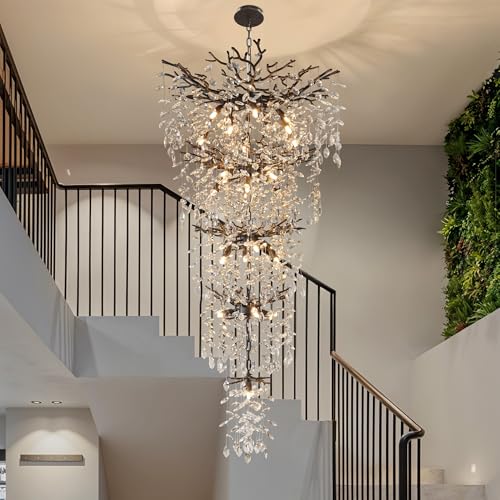118'' Long Crystal Chandelier for High Ceiling, 28-Light Black Tree Branch Chandelier, Modern Large Chandeliers for Staircase Foyer, Entryway Living Room, Luxury K9 Crystal Pendant Lighting Fixture