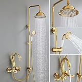 SWHC Rain Shower System, Gold Bathroom Shower Faucet Set 3 Functions Shower Fixtures Brass Shower Kit with Valve and Rain Shower Head and Handheld Shower Head, Swivel Swan Type Bathtub Faucet