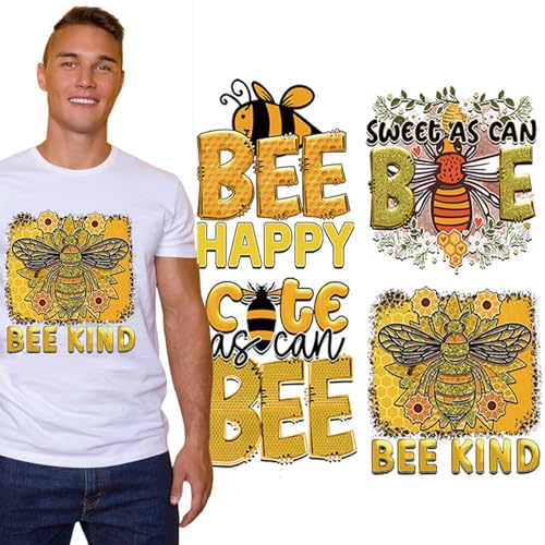 Bee Iron On Transfer for Clothing Large Size Yelow Bee Iron On Patches Sticker T-Shirt Patches for Clothes Cute Animals Heat Transfer for Washable Applique Clothing Decorations 4pcs (bee)