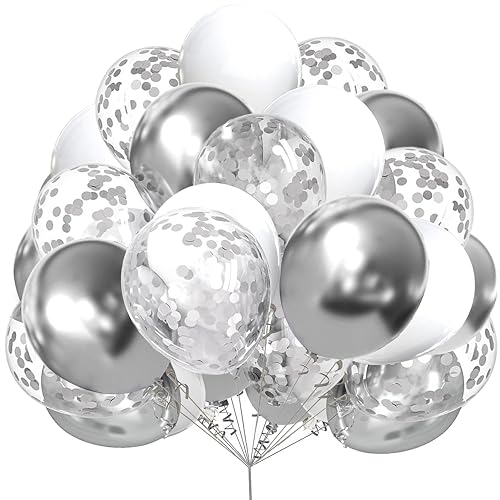 AULE Metallic Silver White Confetti Balloons 12 inches 60 Pack Premium Latex Balloons with Silver Ribbons for Birthday Decorations