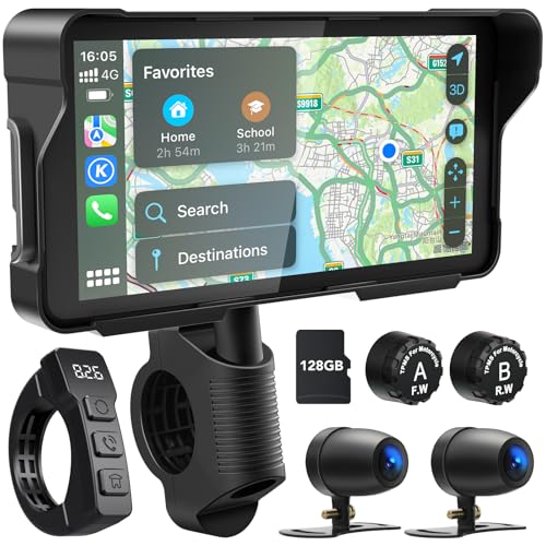 LBW Portable Motorcycle Carplay with Wire Control, Motorcycle DVR, TPMS, 5.5" Wireless CarPlay & Android Auto Touch Screen with 1080P HD Dash Cam Front and Rear, Bluetooth, Waterproof, 128GB TF Card