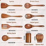 Mooues 9 Piece Natural Teak Wooden Kitchen Utensil Set with Spoon Rest - Comfort Grip Cooking Spoons and Utensils Holder