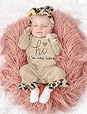 KANGKANG Newborn Girl Clotehs Baby Girl Clothes hi I'm new here Ruffle Romper Baby Girl Onesie Leopard Print Bell Bottom Jumpsuit with Hat Headband Boho Newborn Baby Girl Clothes Beige