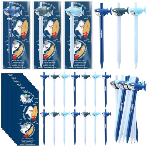 Honoson 24 Sets Back to School Gifts for Students Cartoon Mechanical Pencils Pun Awesome Cards Rewards Student Gifts from Teacher for Classroom Coworkers Stationery Office Party Favors(Shark)