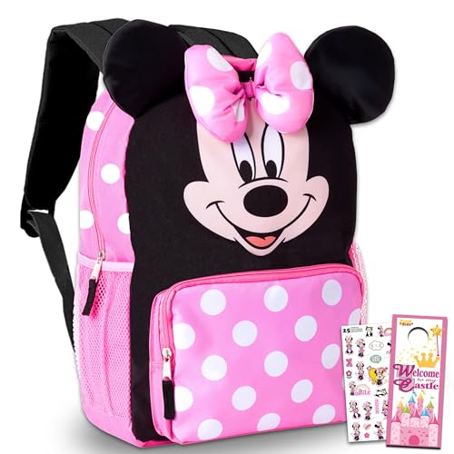 Big Face Minnie Mouse Backpack for Kids Toddlers ~ Premium 14" Minnie School Bag with 3D Ears and Puffy Bow (Minnie Mouse School Supplies Bundle)