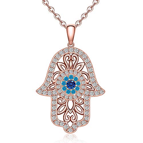 Hamsa Hand Evil Eye Necklace 925 Sterling Silver Rose Gold Plated Vintage Fatima Hand Good Luck Women Pendant Necklace