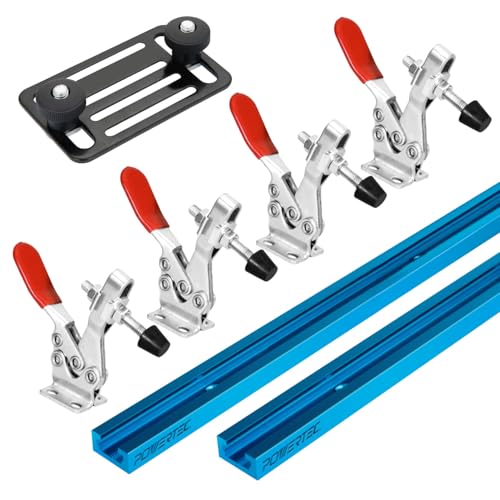 POWERTEC 48" Universal T-Track 2PK w/Horizontal Hold Down Toggle Clamp 4PK & Mounting Plate for Woodworking Jigs, Table Saw Sled, Drill Press Table, CNC Machine and Work Bench (72139)