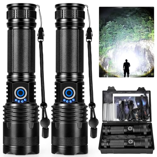 Rechargeable LED Flashlights High Lumens, 990,000 Lumens Super Bright Flashlights with 5 Modes, Waterproof Powerful Flash Light Multifunctional Flashlights for Home Camping Hiking(2 Pack)