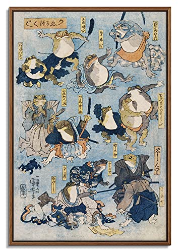 artprints1stop Floating Frame Canvas Print Wall Art - Japanes Painting - Famous Samurai Warrior Heroes of The Kabuki Stage Played by Frogs by Utagawa Kuniyoshi - 16x24 inches