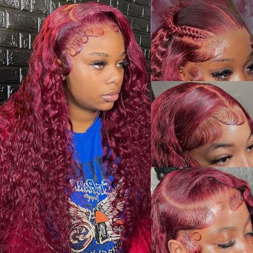 32 Inch 99J Burgundy Lace Front Wig Human Hair Water Wave 13x4 Lace Front Wigs Human Hair Pre Plucked With Babyhair 180% Density Deep Curly Frontal For Women Colored Dark Red Wet And Wavy