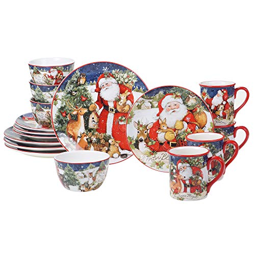 Magic of Christmas 16pc Ceramic Dinnerware Set – Santa and Woodland Animals Holiday Plates, Bowls & Mugs, Dishwasher & Microwave Safe, Festive Christmas Tableware