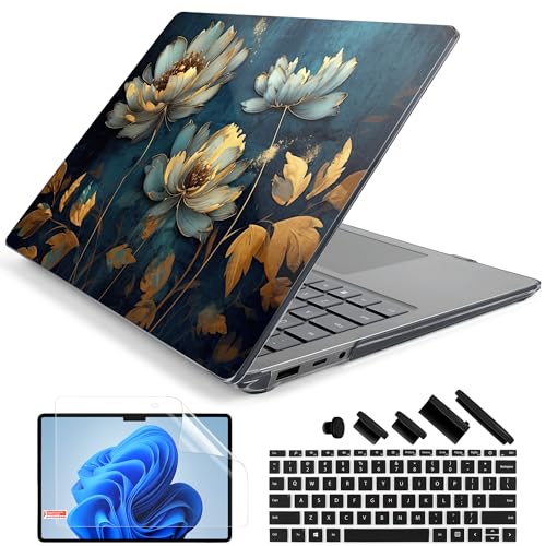 Batianda Premium Laptop Case for 15" Microsoft Surface Laptop 5 4 3 with Metal Palm Rest Designed Black Clear Protective Plastic Hardshell & Keyboard Cover & Screen Protector, Blooming Flowers