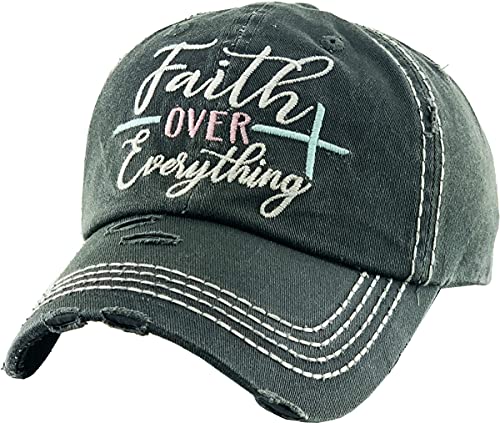 Funky Junque Womens Baseball Cap Distressed Vintage Unconstructed Embroidered Patch Hat (Faith Over Everything - Black)