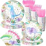 Dinosaur Birthday Party Supplies for Girls - Pink Dinosaur Party Decorations - Balloons Birthday Banner Plates Cups Napkins Tablecloth Tableware (Serves 20)