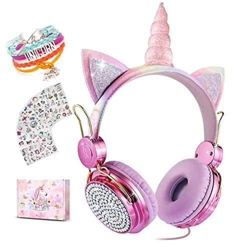 SVYHUOK Kids Headphones for Girls Children Teens,Cute Cat Ear Wired Headphones Microphone 3.5mm Jack, Over On Ear Headset for School Birthday Xmas Gift (Princess Rose)