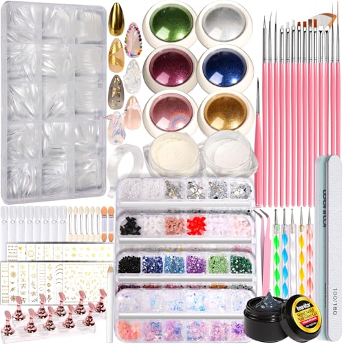 Teenitor Acrylic Nail Kit with Chrome Nail Powder Almond Nail Tips, Nail Kit for Beginners with Nail Art Brushes Nail Charms 3D Nail Gel, Nail Kit Acrylic Set Nail Art Tools Nail Art Kit Nail Stand