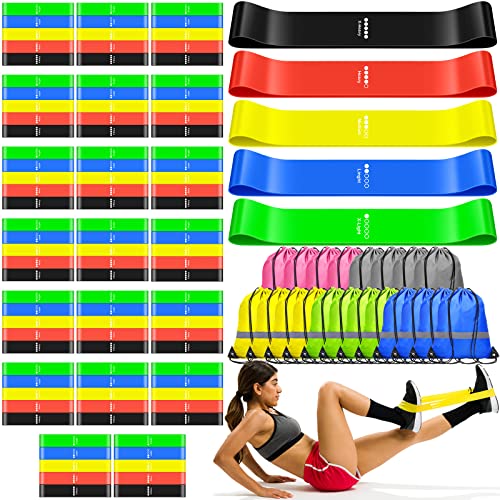 120 Pcs Workout Loop Resistance Bands Bulk, Gym Elastic Bands Set for Fitness Sport Class Students Members Gift Physical, 5 Pieces Each Set, with Large Drawstring Backpack Bags