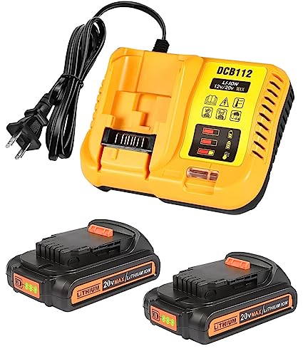 Epveyement 2Pack 3.0Ah 20V Battery with Charger Replacemen for Dewalt 20V Battery DCB200 DCB201 DCB203 DCB204 DCB205 DCB206 DCB207 DCD/DCF/DCG Series Tools