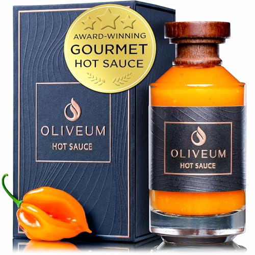 Oliveum Hot Sauce - Gourmet Medium Spice Organic Habanero Peppers. Unique Spicy Salsa Flavor For BBQ, Mexican, Asian, Steak, Chili, Tacos, Buffalo, Wings, Pizza. Experience Fancy Luxury Craft Hand Made Small Batch Best and Hottest Gift Idea For Men in a Bottle