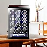 LELTNSOU Watch Winder for 6/12 Winding Spaces Automatic Watches, Ultra-Quiet Japanese Motors, Built-in LED Illumination and LCD Touchscreen Control (Wooden 12Slot Mechanical Lock)