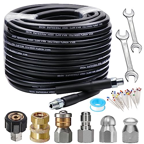 WEST BAY Sewer Jetter Kit 100 FT for Pressure Washer, 5800PSI Drain Cleaner Hose 1/4 Inch NPT Corner Rotating and Button Nose Sewer Jetting Nozzle Spanner Watertight Tape Pearl Corsage Pin