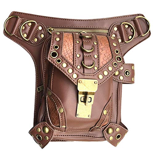 Steampunk Waist Bag Fanny Pack Fashion Gothic Leather Shoulder Crossbody Messenger Bags Thigh Leg Hip Holster Purse Travel Pouch Hiking Sport Chain Bags for Women Men brown
