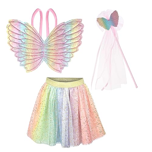 Expressions Girls Dress Up Rainbow Princess Butterfly Costume Skirt, Wings and Wand Set, Children Ages 3-10, One Size Fits All