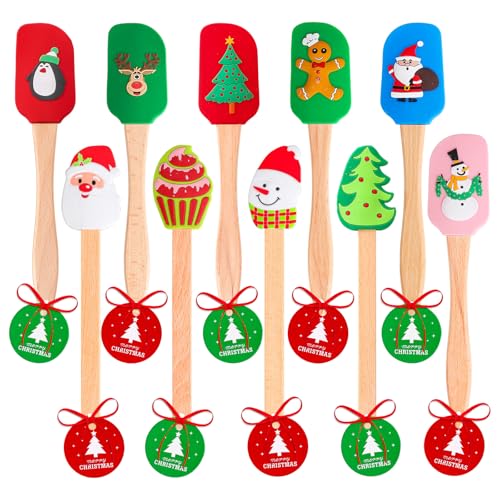 Whaline 10Pcs Christmas Silicone Spatula Xmas Tree Santa Spatula with Wooden Handle Xmas Snowman Dish Pan Scraper Cute Pancake Spatula with Tag & Ribbon for Kitchen Baking Mixing Cooking