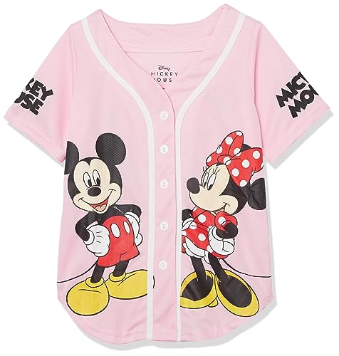 Disney Girls Mickey & Minnie Mouse Baseball Jersey - Classic Mesh Button Down Shirt, Light Pink/White, 6 US