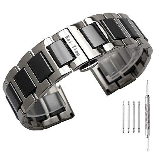 Kai Tian Silver Metal & Black Ceramics Watch Band Men Women 20mm Watch Strap Polished Solid Replacement Watch Bracelet Deployment Clasp
