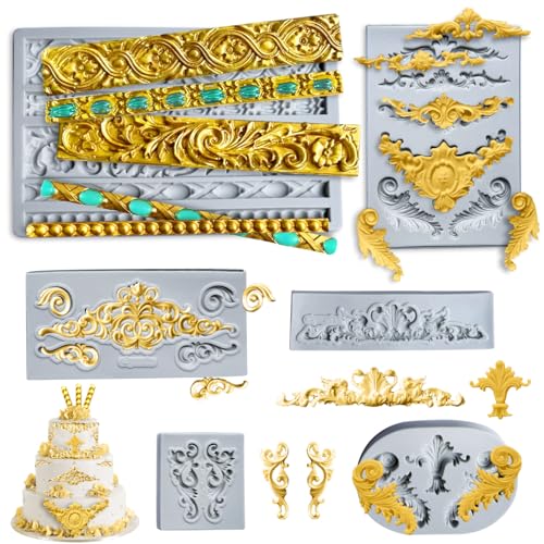 6PCS Baroque Silicone Molds,Acxydm Baroque Fondant Border Mold,Barock Relief Clay Mould,Scroll Silicone Lace Chocolate Molds,Filigree Mould Lace for Wedding Cake Decorating(Gray)