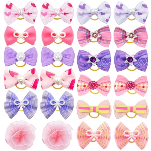 REDANHA 24PCS Dog Hair Bows Cute Small Bowknot with Rubber Bands for Puppy Handmade Hair Accessories with Rhinestone Pearls Bow Pet Grooming Products