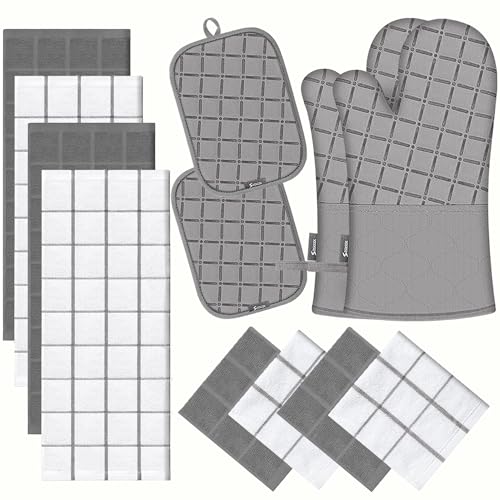 Oven Mitts Kitchen Towels and Dishcloths Pot Holders Sets, Oven Gloves Kitchen Dish Towels 500 Degree Heat Resistant Potholders with Non-Slip Silicone Surface for Cooking, Grilling, Baking-Gray