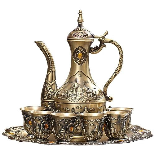 Vintage Turkish Coffee Pot Set for 6 Including Tray and Teapot,Metal Cups,Teapot and Cup Set for One,Tea Service Set for Home Tea Table Decor,Wedding Ornaments