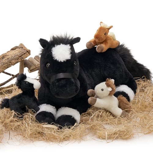 Tezituor 4Pcs Horse Stuffed Animals, 18 inch Large Mommy Stuffed Horse with Babies Pony Plush, Cute Black Pony Plush Pillow for Boys Girls