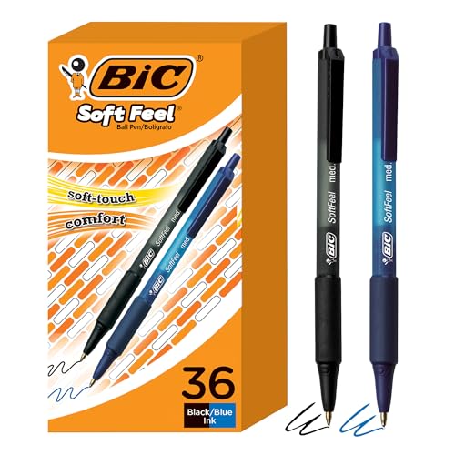 BIC Soft Feel Assorted Colors Retractable Ballpoint Pens, Medium Point (1.0mm), 36-Count Pack, Black and Blue Pens With Soft-Touch Comfort Grip, Perfect Color Pens For Note Taking