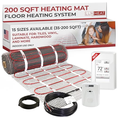 LuxHeat 200 Sqft Mat Kit (240v) Electric Radiant Floor Heating System for Tile & Laminate. Underfloor Heating Kit Includes Heat Mat, Alarm & UWG4 OJ Microline WiFi Programmable Thermostat w/GFCI