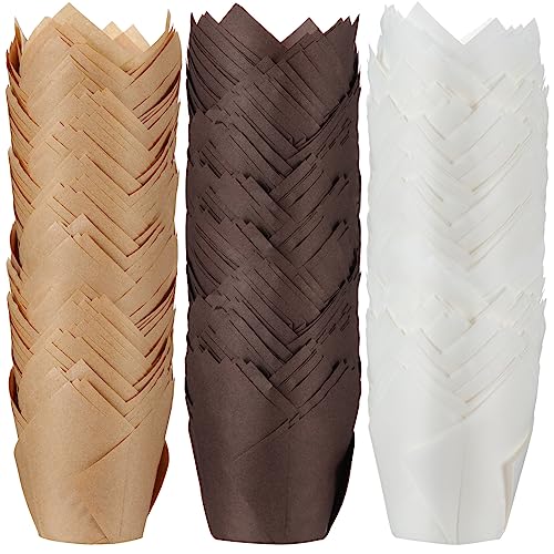 Yaomiao 600 Pcs Tulip Cupcake Liners Greaseproof Paper Tulip Muffin Liners Baking Cups Cupcake Wrappers Holders for Weddings Birthdays Anniversaries Banquets Party Christmas(Brown, Natural, White)