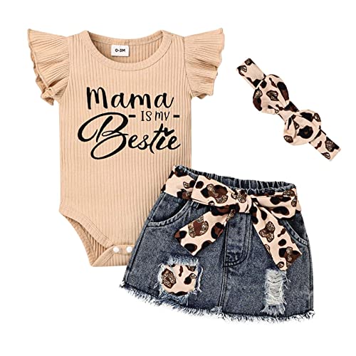 CETEPY 9-12 Months Baby Girl Clothes Newborn Romper Ruffle Sleeve Short Jeans Skirt with Headband Infant Outfits Set Sunflower Leopard 9-12 Months